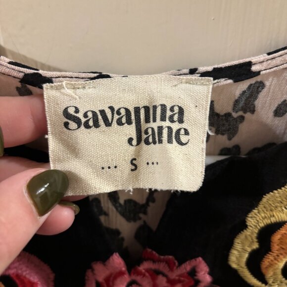 Savanna Jane Black Floral Embroidered Leopard Print Bell Sleeve Blouse ~ Small - Picture 5 of 6